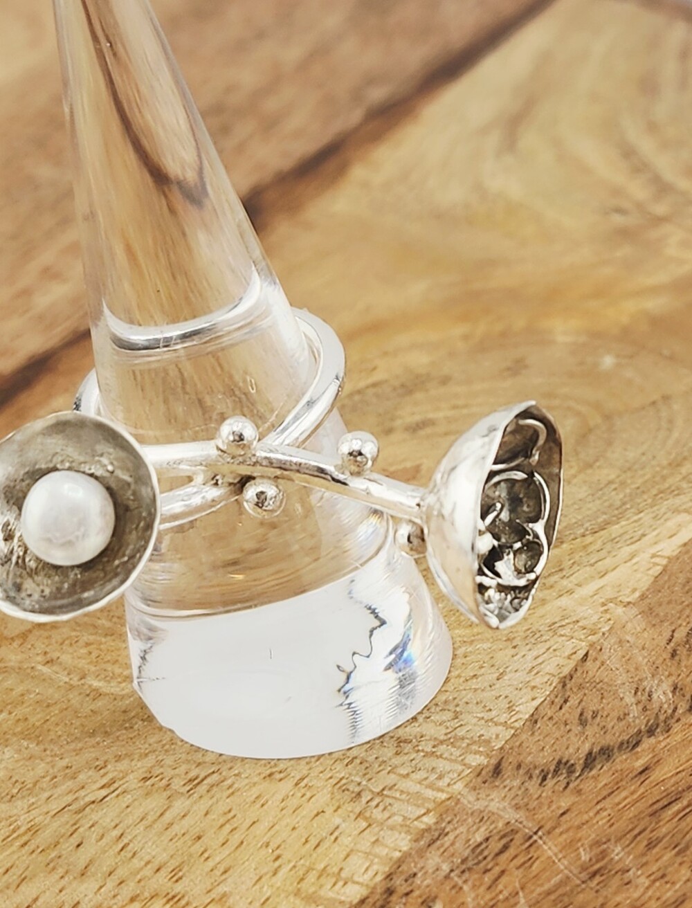 UNIQUE 2 FLOWER POT RING HANDMADE WITH STERLING SILVER AN A PEARL SIZE 8 - Picture 10 of 16